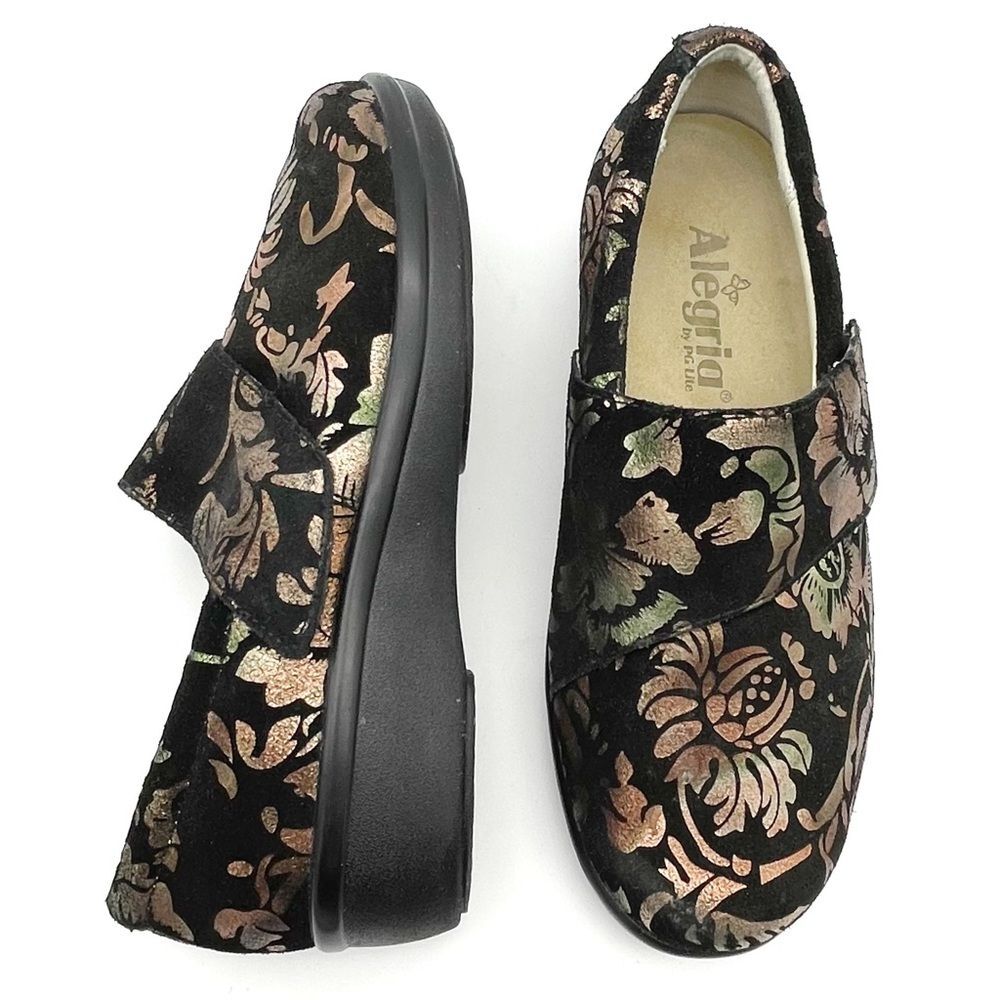 Alegria Shoes Lauryn Black Metallic Bronze Floral Comfort Clogs Women’s Size 6